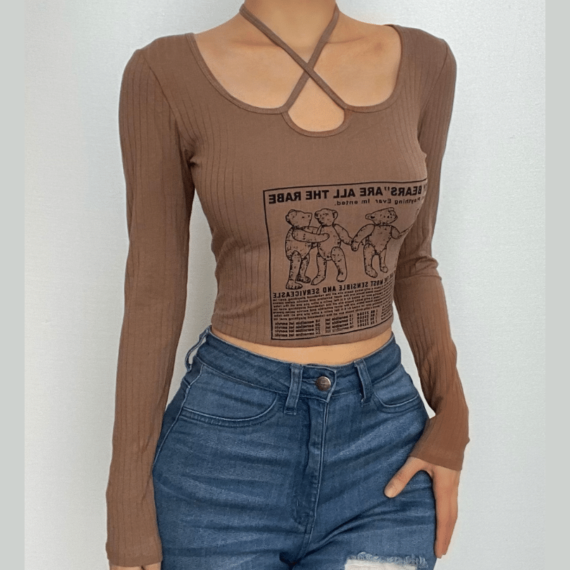 Ribbed bear pattern contrast long sleeve self tie square neck crop top - Final Sale - Image 9