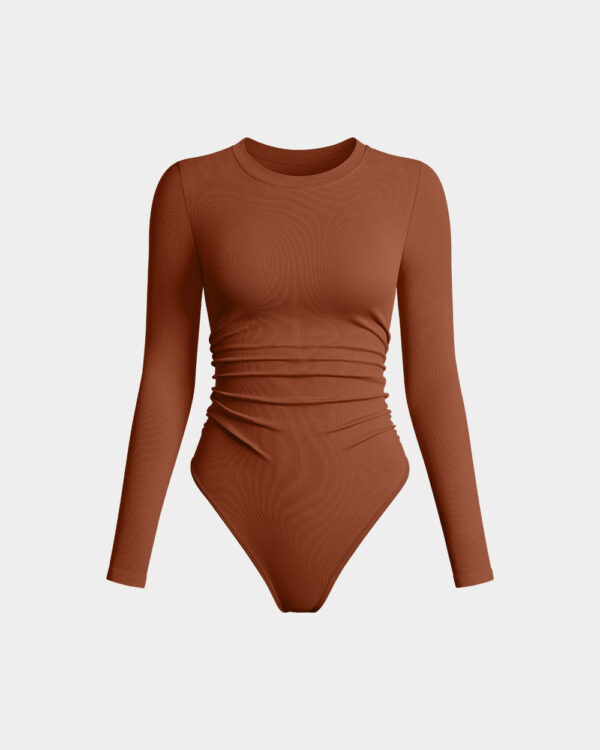 Ruched Crew Neck Long Sleeve Stretch Bodysuits - Image 19