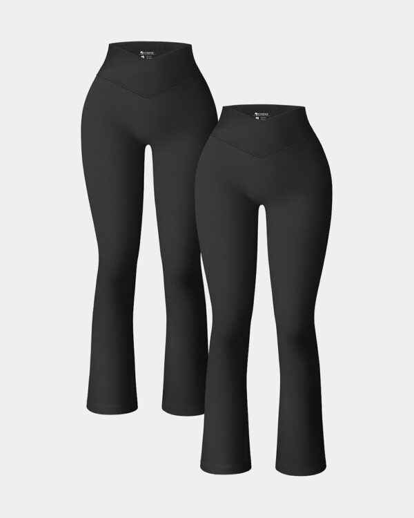 Ribbed Seamless High Waist Cross Over Bell Bottoms Leggings - Image 2