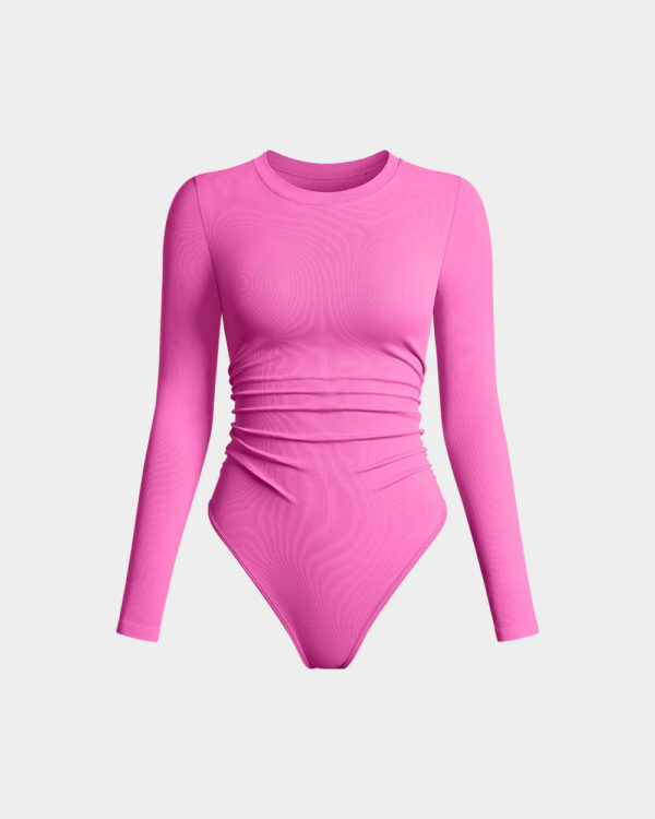 Ruched Crew Neck Long Sleeve Stretch Bodysuits - Image 37