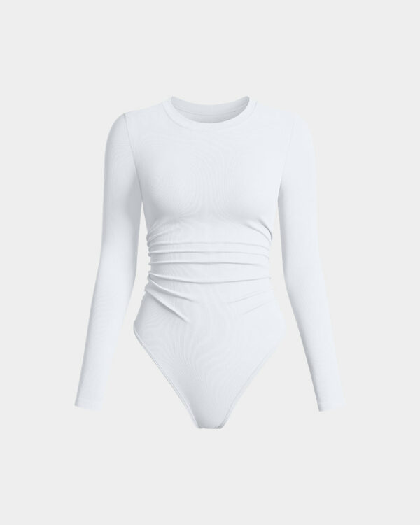 Ruched Crew Neck Long Sleeve Stretch Bodysuits
