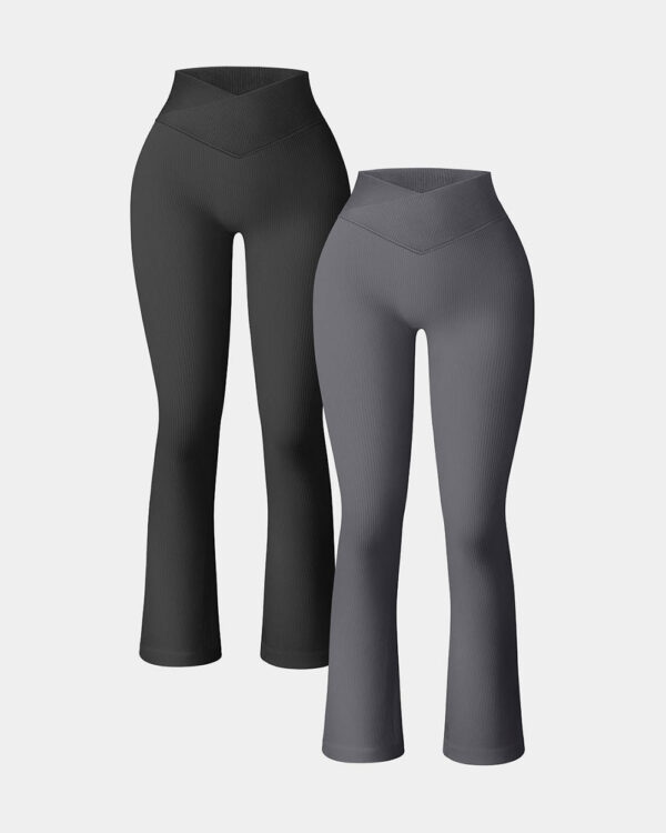 Ribbed Seamless High Waist Cross Over Bell Bottoms Leggings - Image 3