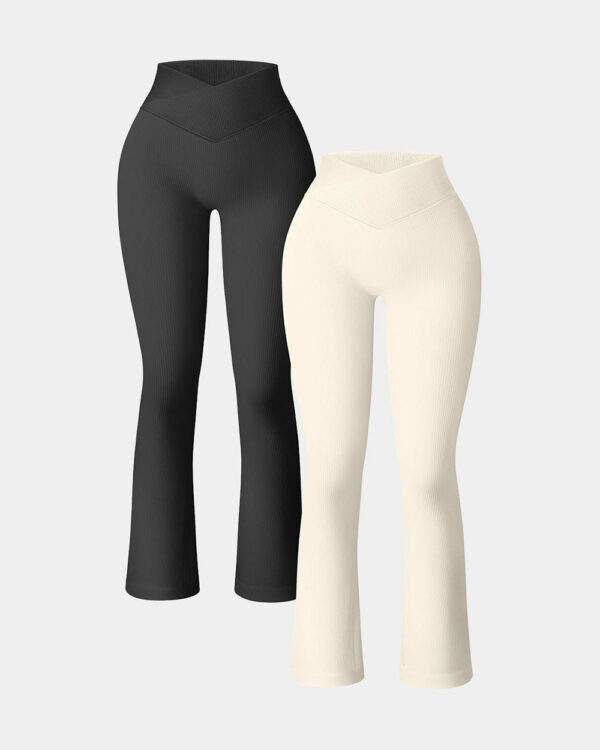 Ribbed Seamless High Waist Cross Over Bell Bottoms Leggings - Image 4