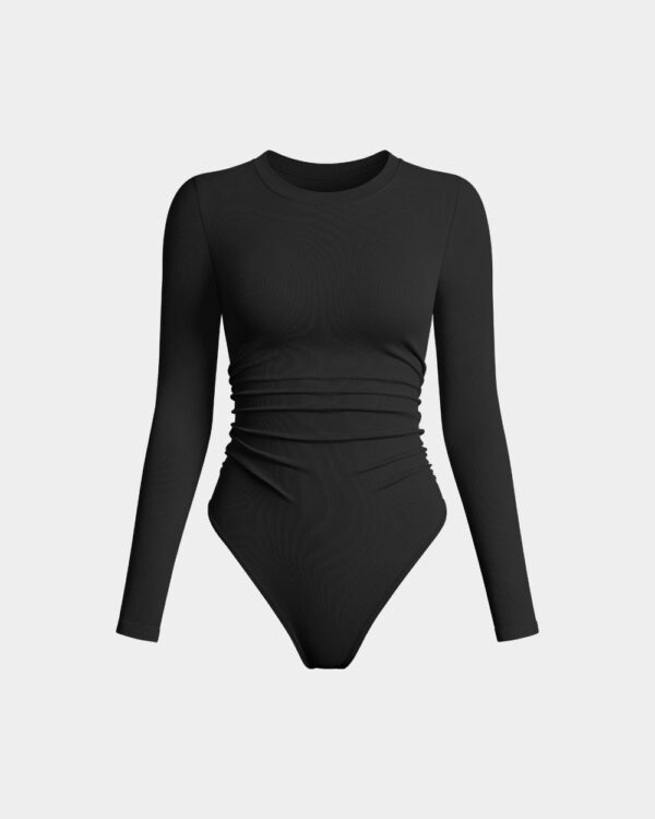 Ruched Crew Neck Long Sleeve Stretch Bodysuits - Image 7