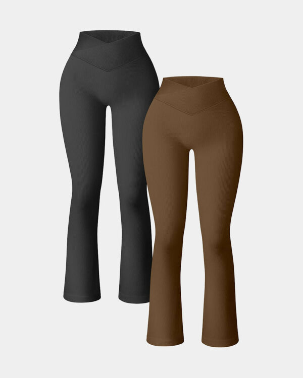 Ribbed Seamless High Waist Cross Over Bell Bottoms Leggings - Image 5