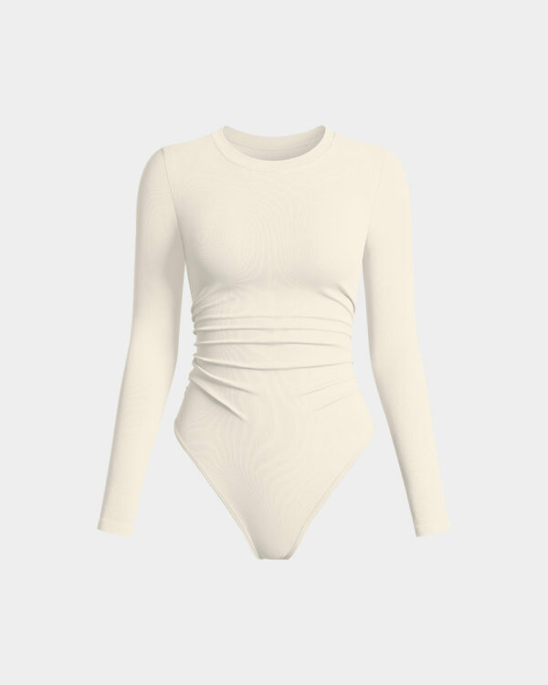 Ruched Crew Neck Long Sleeve Stretch Bodysuits - Image 31