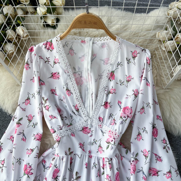 White V-neck Floral Long Sleeve Dress P266 - Image 3