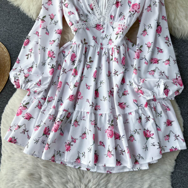White V-neck Floral Long Sleeve Dress P266 - Image 4