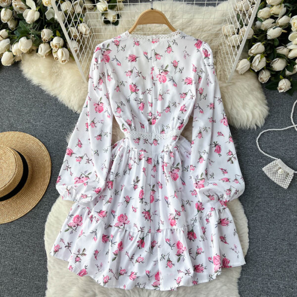 White V-neck Floral Long Sleeve Dress P266 - Image 5