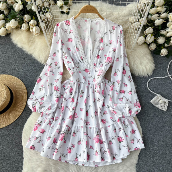 White V-neck Floral Long Sleeve Dress P266 - Image 2